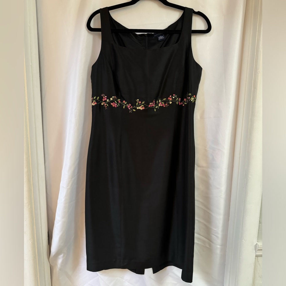 NWOT LBD! black silk square neck dress w/ floral embroidered waist detail Sz10